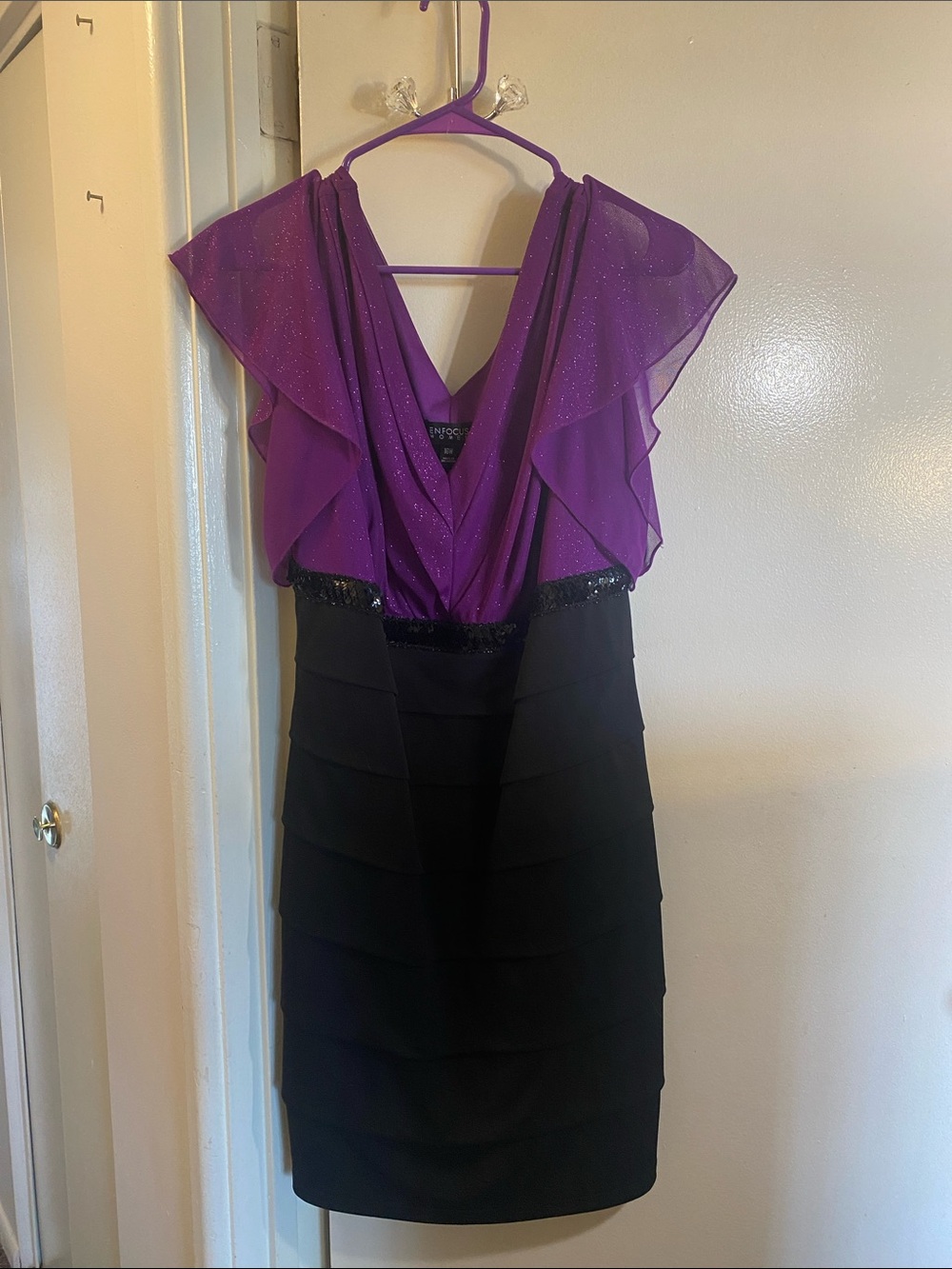 Enfocus Woman Purple V-Neck Flutter Sleeve Midi Dress with Black Tiered Skirt